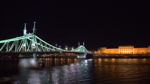 Boot auf der Donau in der Nähe der nachts beleuchteten Freiheitsbrücke — Stockvideo