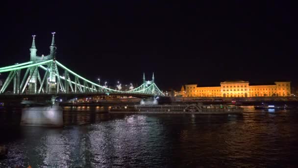 Gran barco en el río Danubio cerca del Puente de la Libertad — Vídeos de Stock