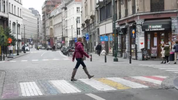 Chica cruza colorido paso peatonal en Bruselas — Vídeos de Stock