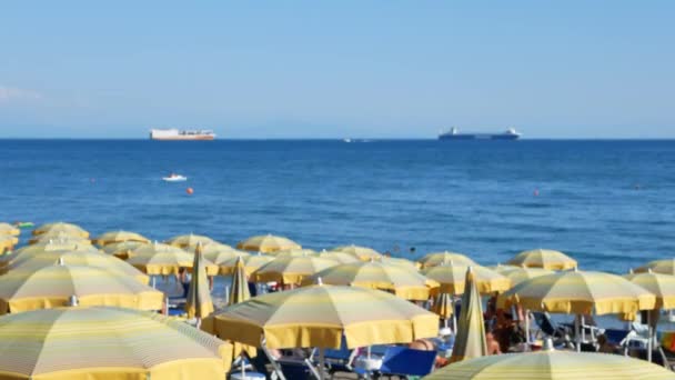 Sombrillas amarillas y mar azul en Italia — Vídeo de stock