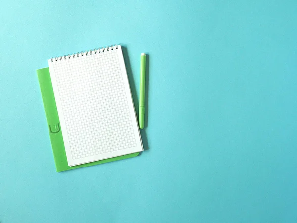 Two school notebooks, school subjects, bright colored pens on a blue background. The concept of the school. The view from the top.