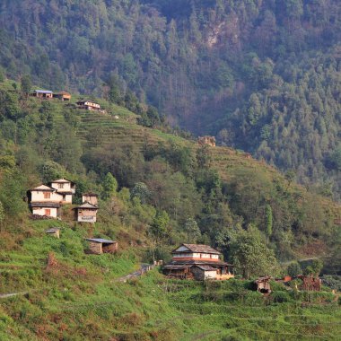 Taş çatı ile geleneksel Gurung evi. Landruk, Nepal çevresinde tipik mimari.
