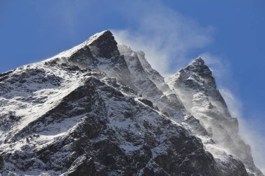 Rüzgarlı bir gün Langtang Vadisi'nde, Nepal.