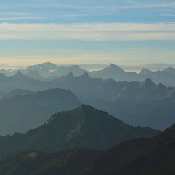 Mountain Ranges Switzerland Sunrise Distant View Mount Santis — Stock Photo, Image