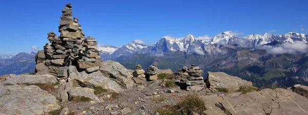 Famous Mountains Eiger Monch Jungfrau Stone Cairn Top Mount Niesen — Stock Photo, Image