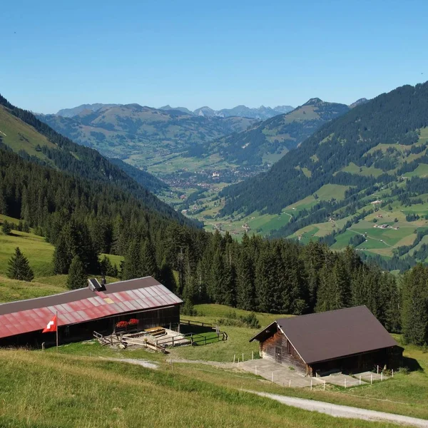 Μακρινή Θέα Του Γκστάαντ Διάσημο Χωριό Bernese Oberland Ελβετία — Φωτογραφία Αρχείου