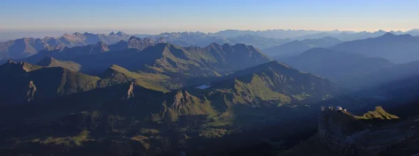 Vista Nascer Sol Glacier 3000 Suíça Montanhas Lago Arnen — Fotografia de Stock