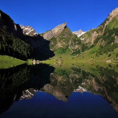 Yaz sabahı Appenzell Canton'da. Lake Seealpsee ve Alpstein aralığının dağlar.
