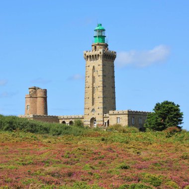 Eski deniz feneri ve Cap Frehel, Brittany başında çiçekler. Fransız sahilinde Simgesel Yapı.