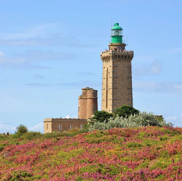 Lighthouse and flowers at the head of Cap Frehel, Brittany. Travel destination at the French Coast.