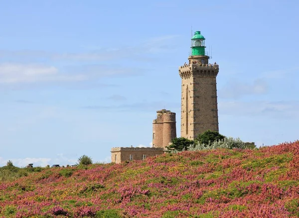 Lighthouse and flowers at Cap Frehel, Brittany. Travel destination at the French Coast.