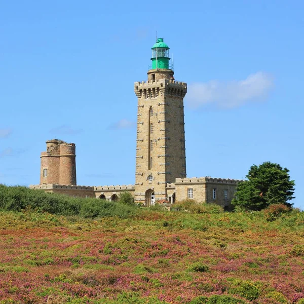 Old lighthouse and flowers at the head of Cap Frehel, Brittany. Landmark at the french coast.