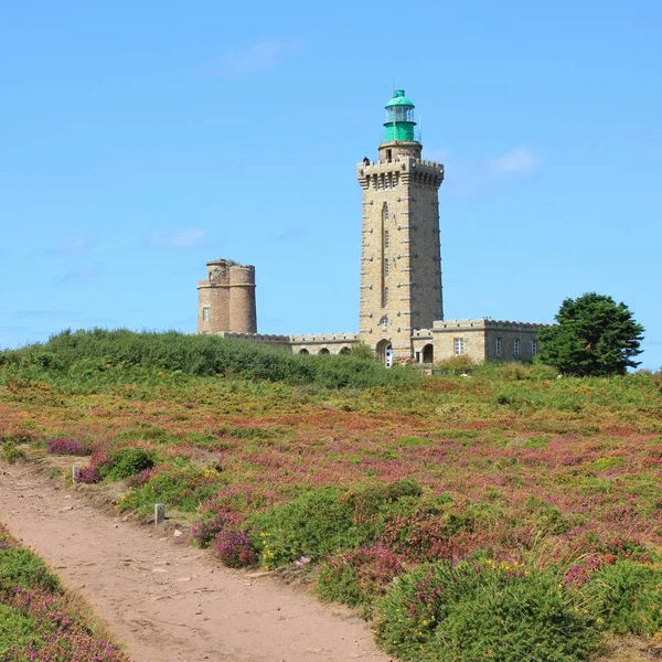 Farol Velho Flores Cap Frehel Bretanha Marco Popular Costa Francesa — Fotografia de Stock