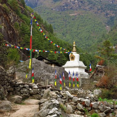 Stupa ve dua bayrakları Everest Milli Parkı, Nepal.