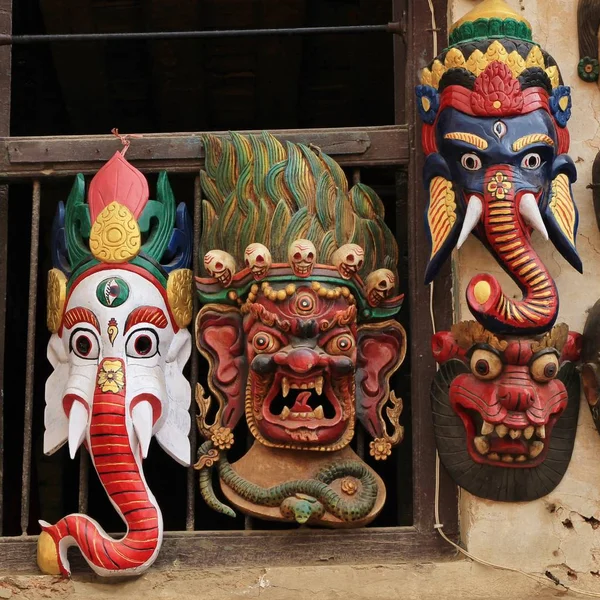 Ahşap Maskeleri Hint Tanrıları Temsil Eden Sahne Katmandu Nepal — Stok fotoğraf