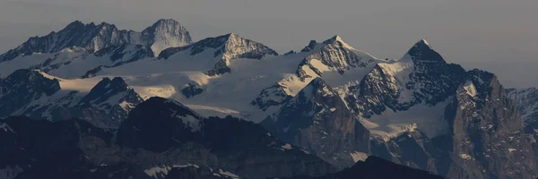 Altas Montanhas Finsteraarhorn Schreckhorn Ewigschneehorn Pouco Antes Pôr Sol Geleira — Fotografia de Stock