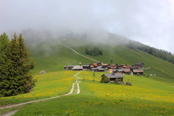 Yeşil Çayır Köy Obermutten Sisli Bir Yaz Gününde — Stok fotoğraf
