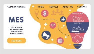 Vektör web sitesi tasarım şablonu. MES - Web sitesi afişi, pazarlama materyalleri, iş sunumu, çevrimiçi reklamcılık için İmalat Sistemi illüstrasyonu.