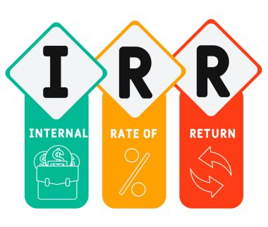 IRR - iç geri dönüş oranı. Kısaltma iş konsepti. Anahtar sözcükler ve simgelerle vektör illüstrasyon kavramı. Web afişi, el ilanı, iniş sayfası, sunum simgeleri içeren harf çizimi