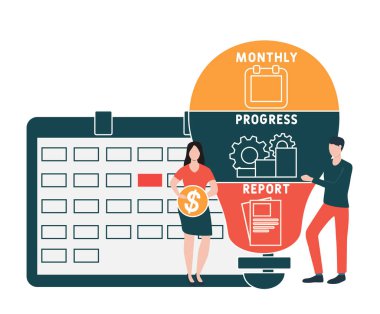 İnsanlarla düz tasarım. MPR - aylık ilerleme raporu. Platform. İş kavramı geçmişi. Web sitesi afişi, pazarlama materyalleri, iş sunumu, çevrimiçi reklamcılık için vektör illüstrasyonu