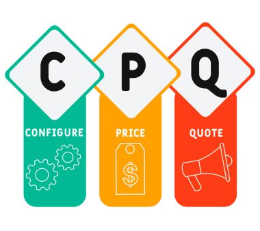 CPQ - fiyat alıntısını yapılandır. Kısaltma iş konsepti. Anahtar sözcükler ve simgelerle vektör illüstrasyon kavramı. Web afişi, el ilanı, iniş sayfası simgeleriyle illüstrasyon