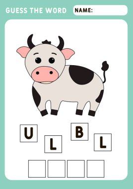 Kelimeyi tahmin et. Boğa kelimesini hecele. Çocuklar için sembol 2021. Eğitici ve mantıklı bir oyun. Görüntü ve vektör çizelgesi - A4 kağıdı yazdırmaya hazır.