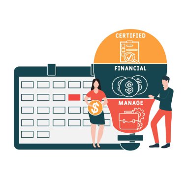 İnsanlarla düz tasarım. CFM - sertifikalı mali yönetim. İş kavramı geçmişi. Web sitesi afişi, pazarlama materyalleri, iş sunumu, çevrimiçi reklamcılık için vektör illüstrasyonu