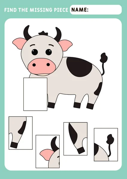 Find Missing Piece Complete Picture Puzzle Kids Activity Animals Theme — Stock Vector