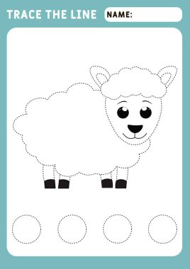 Küçük Koyun. Hasarlı çizgilerin takibi için okul öncesi çalışma çizelgesi. İzleme Çalışma Kağıdı. Görüntü ve vektör çizelgesi - A4 kağıdı yazdırmaya hazır.