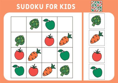 Çocuklar için sudoku. Eğitim geliştirme çalışma programı. İçinde resimler olan etkinlik sayfası. Çocuklar için bir bulmaca oyunu. Sebze ve meyve koy. İzole vektör çizimleri. Mantık eğitimi