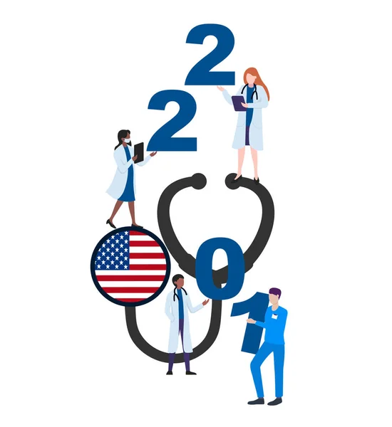 Abd Ulusal Bayrağı Steteskopta Doktorlarla 2021 Yılı Beyaz Arka Planda — Stok Vektör