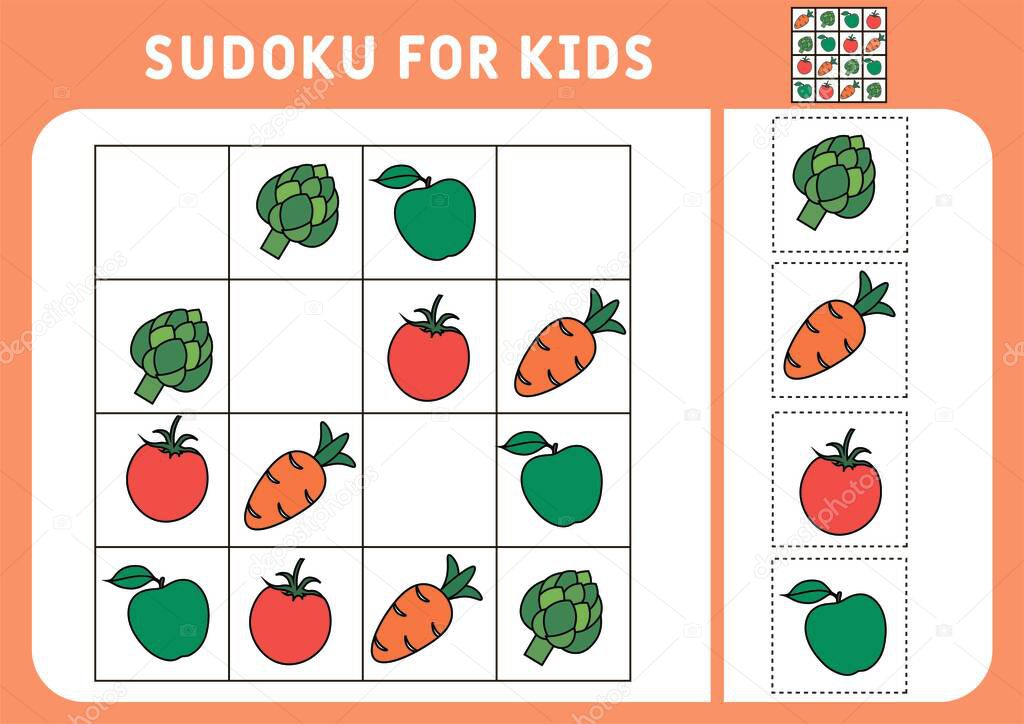 Sudoku for kids. Education development worksheet. Activity page with pictures. A puzzle game for children. Set vegetables and fruits. Isolated vector illustrations. Logic training