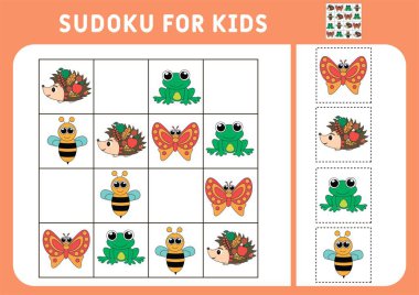 Çocuklar için sudoku. Eğitim geliştirme çalışma programı. İçinde resimler olan etkinlik sayfası. Çocuklar için bir bulmaca oyunu. Hayvanları hazırlayın. İzole vektör çizimleri. Mantık eğitimi