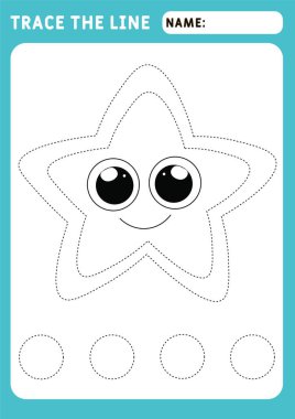 Küçük denizyıldızı. Güzel motor beceriler anaokulu çalışma çizelgesi. Noktalı çizgiler. İz kâğıdı. Çizim ve vektör ana hatları - A4 kağıt, yazdırmaya hazır.