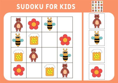 Çizgi film hayvanları - ayı ve arı. Çocuklar için sudoku. Eğitim geliştirme çalışma programı. İçinde resimler olan etkinlik sayfası. Çocuklar için bir bulmaca oyunu. Hayvanları hazırlayın. İzole vektör çizimleri. Mantık eğitimi