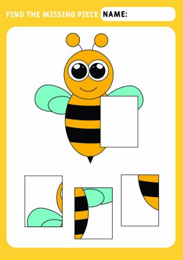 Kayıp parçayı bul ve resmi tamamla. Çocuklar için bulmaca. Hayvan temalı. Küçük arı. Anaokulu çocukları için bir etkinlik. Çocuklar için eğitici ve mantıklı bir oyun. A4 kağıdı yazdırmaya hazır..