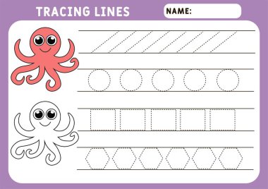 Çocuklar için izleme çizelgesi. Temel yazılar. Çocuklar için çalışan sayfalar. Anaokulu ya da anaokulu ödevi. Şablonu takip et. Görüntü ve vektör çizelgesi - A4 kağıdı yazdırmaya hazır. 