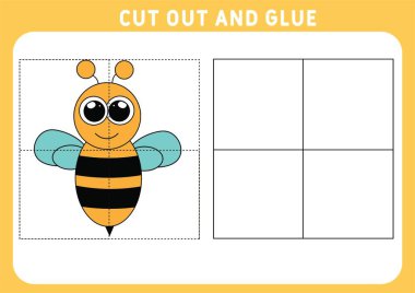 Çocuklar için eğitici bir oyun. Çocuklar için bulmaca. Kes ve yapıştır. Komik küçük bir arı. Çalışma çizelgesi. Vektör illüstrasyonu.