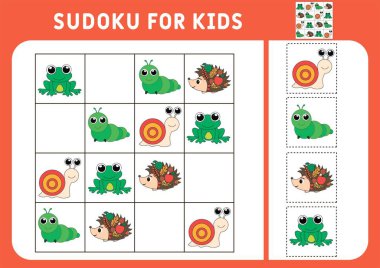 Çocuklar için sudoku. Eğitim geliştirme çalışma programı. İçinde resimler olan etkinlik sayfası. Çocuklar için bir bulmaca oyunu. Hayvanları hazırlayın. İzole vektör çizimleri. Mantık eğitimi