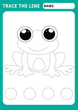 Küçük kurbağa. Hasarlı çizgilerin takibi için okul öncesi çalışma çizelgesi. İzleme Çalışma Kağıdı. Görüntü ve vektör çizelgesi - A4 kağıdı yazdırmaya hazır.