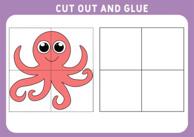 Çocuklar için eğitici bir oyun. Çocuklar için bulmaca. Kes ve yapıştır. Komik ve sevimli Ahtapot. Çalışma çizelgesi. Vektör illüstrasyonu.