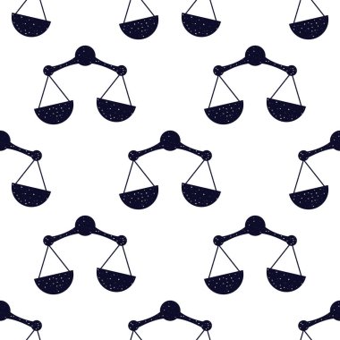 Beyaz bir arkaplanda kusursuz desenli pullar. Terazi burcunun sembolü, adalet ve denge. Paketleme, kumaş, tekstil gibi şeyler için. Vektör.