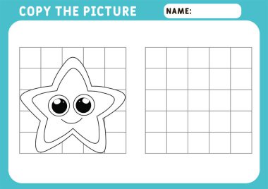Denizyıldızı boyama sayfası. Çocuklar için eğitici bir oyun. Fotoğrafı kopyala. Çizim ve vektör taslağı - A4 kağıt, basılmaya hazır. Okul öncesi çalışma tablosu.