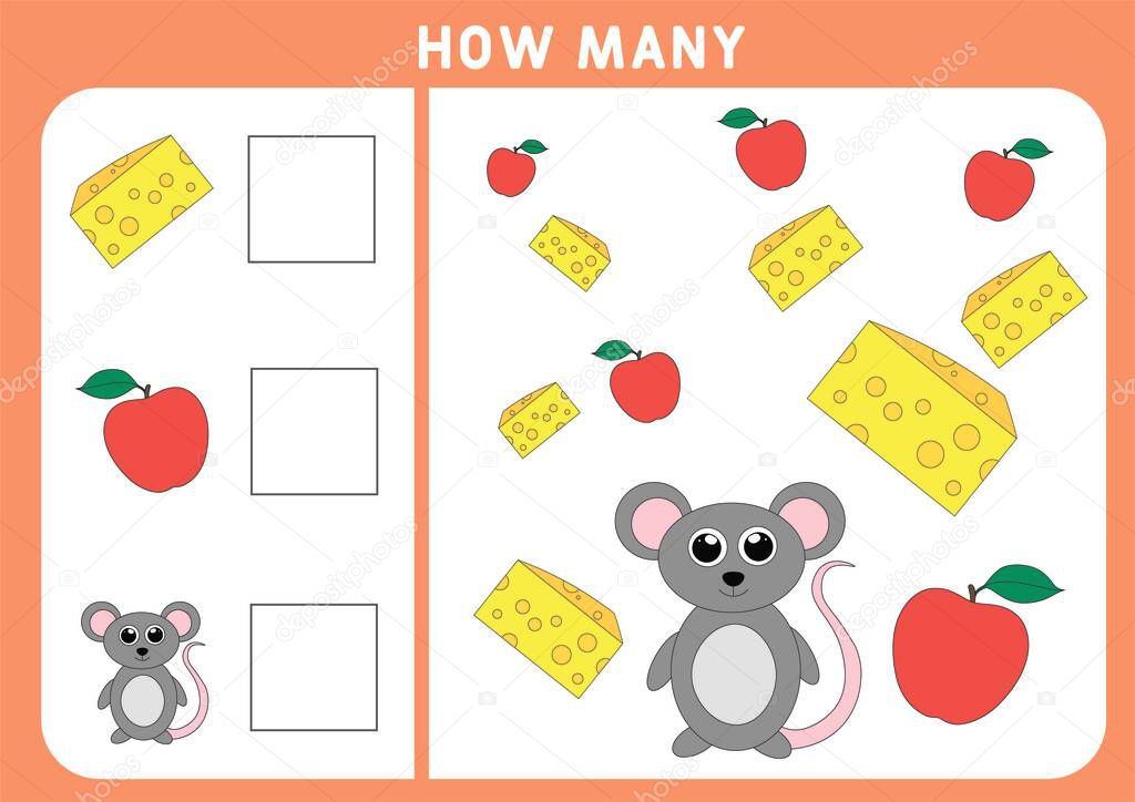 Counting Game for Preschool Children. Educational a mathematical game. Subtraction worksheets. How many objects task. Learning mathematics, numbers, addition theme