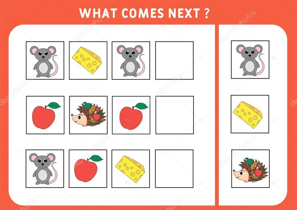 What comes next with cute  animals. Vector illustration. Educational logical game for kids. Continue the sequence. Activity page for preschoolers.