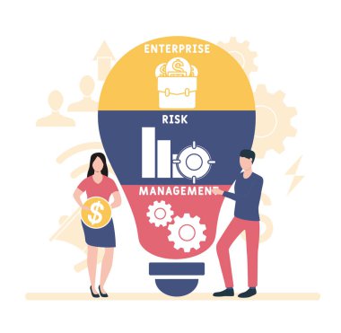 İnsanlarla düz tasarım. ERM - Atılgan Risk Yönetimi. Platform. İş kavramı geçmişi. Web sitesi afişi, pazarlama materyalleri, iş sunumu, çevrimiçi reklam için vektör illüstrasyonu