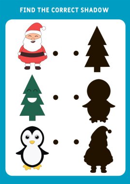 Doğru gölgeyi bul, çocuklar için eğitim Noel oyunu. Komik çizgi film karakterleri. Çocuklar için eğitici bir oyun. Çocuklar için mini bir oyun. Doğru siluet yazdırılabilir çalışma tablosunu bul.