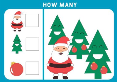 Eğitici matematik oyunu. Kaç nesne görevi, noel teması. Matematik öğrenmek, sayılar, toplama teması. Çocuklar için sayma oyunu.