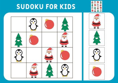 Çocuklar için sudoku. Sudoku. Çocuk bulmacaları. Çocuklar için eğitici bir oyun. Noel Baba, penguen, Noel ağacı. İçinde resimler olan etkinlik sayfası. Çocuklar için bir bulmaca oyunu. İzole vektör 