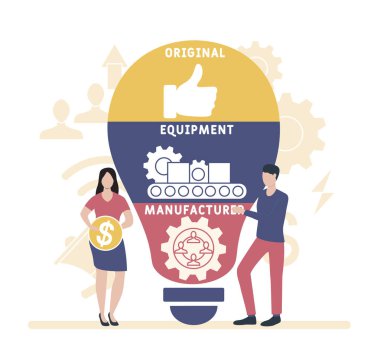 İnsanlarla düz tasarım. OEM Orijinal Ekipman Üreticisi. İş kavramı geçmişi. Web sitesi afişi, pazarlama materyalleri, iş sunumu, çevrimiçi reklamcılık için vektör illüstrasyonu